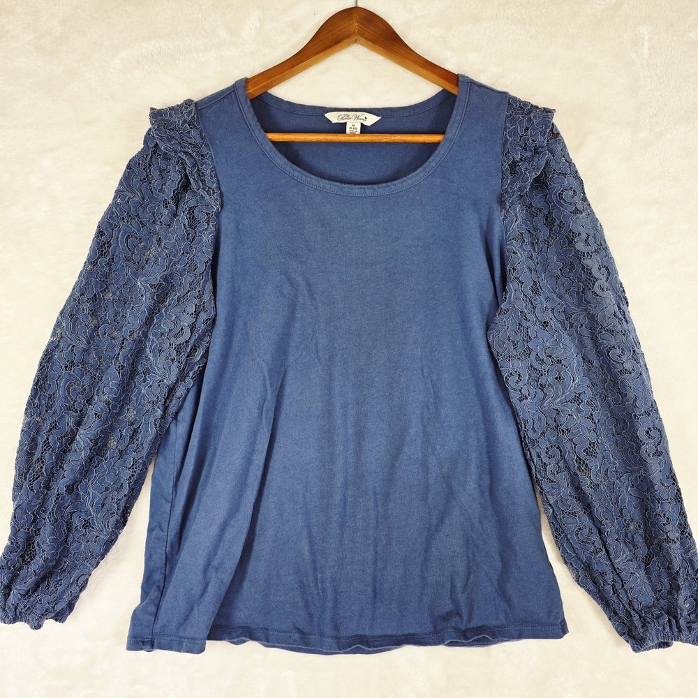Pioneer Woman Solid Blue Lace Balloon Sleeves Women's Top Blouse Size M Career
